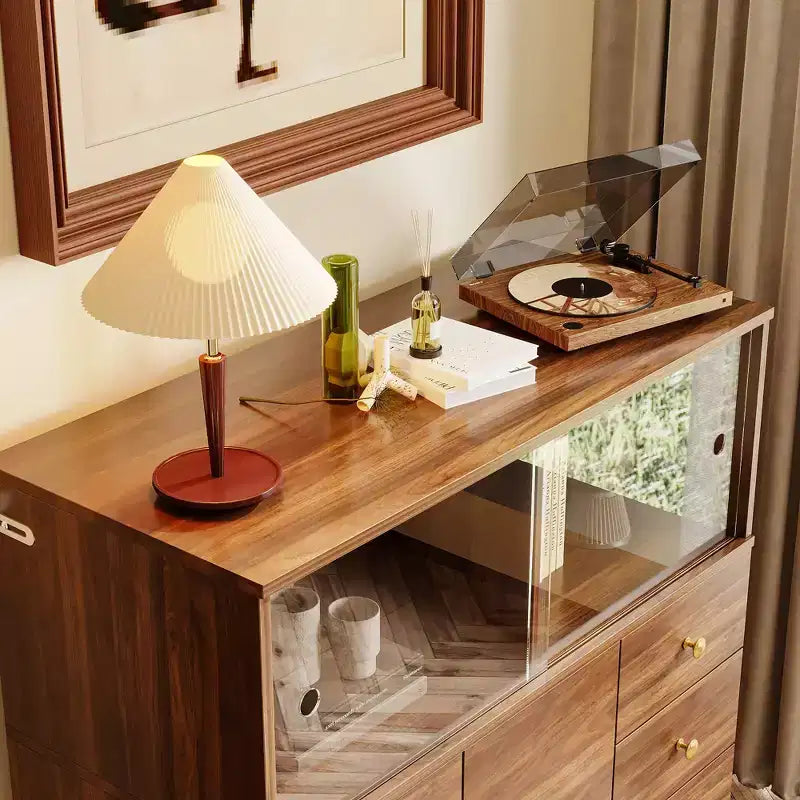 Meuble de rangement d'appoint style vintage, Buffet d'appoint avec éclairage LED et portes coulissantes en acrylique