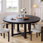 Table de salle à manger ronde de ferme 59 en bois massif, plateau texturé en bois avec piètement en X croisé, noir