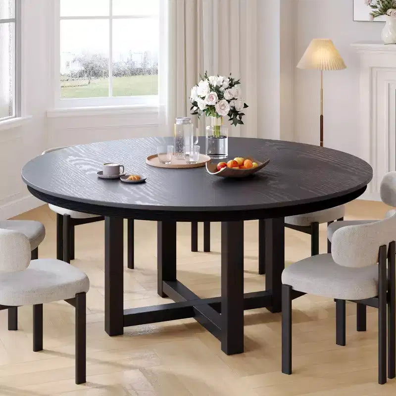 Table de salle à manger ronde de ferme 59 en bois massif, plateau texturé en bois avec piètement en X croisé, noir