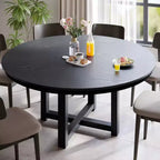 Table de salle à manger ronde de ferme 59 en bois massif, plateau texturé en bois avec piètement en X croisé, noir