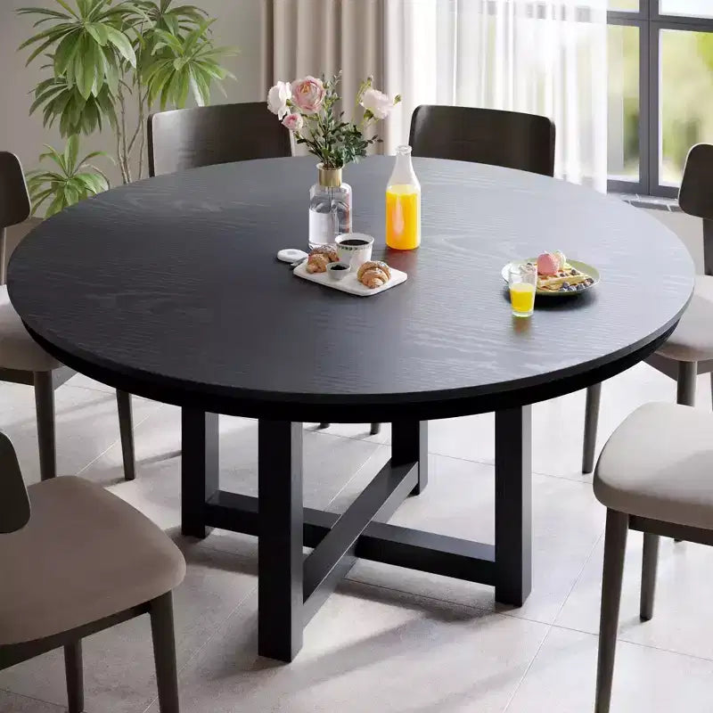 Table de salle à manger ronde de ferme 59 en bois massif, plateau texturé en bois avec piètement en X croisé, noir