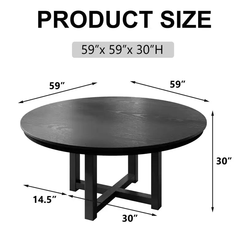Table de salle à manger ronde de ferme 59 en bois massif, plateau texturé en bois avec piètement en X croisé, noir