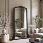 Miroir psyché noir en bois massif sculpté avec micro-arche à angle droit (sans support)