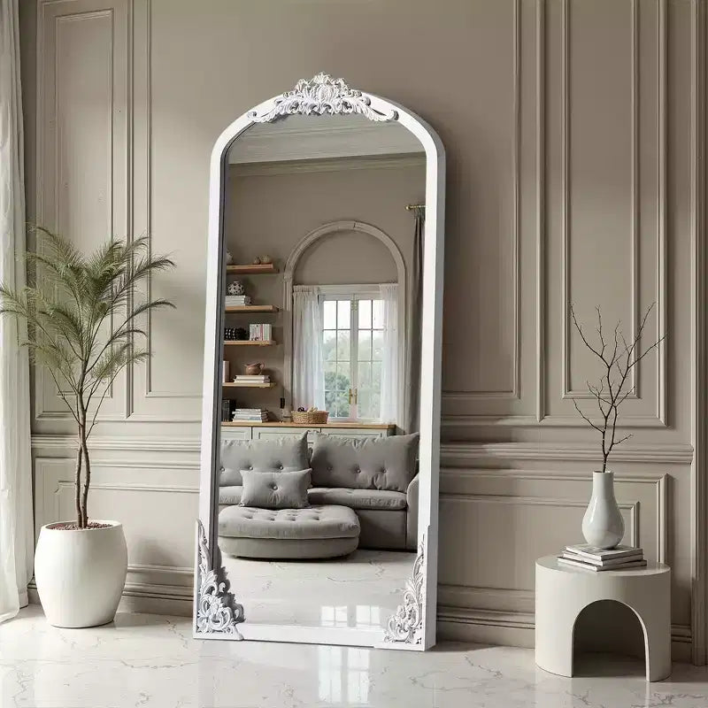 Miroir psyché noir en bois massif sculpté avec micro-arche à angle droit (sans support)
