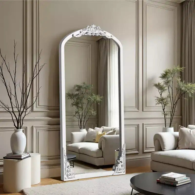 Miroir psyché noir en bois massif sculpté avec micro-arche à angle droit (sans support)