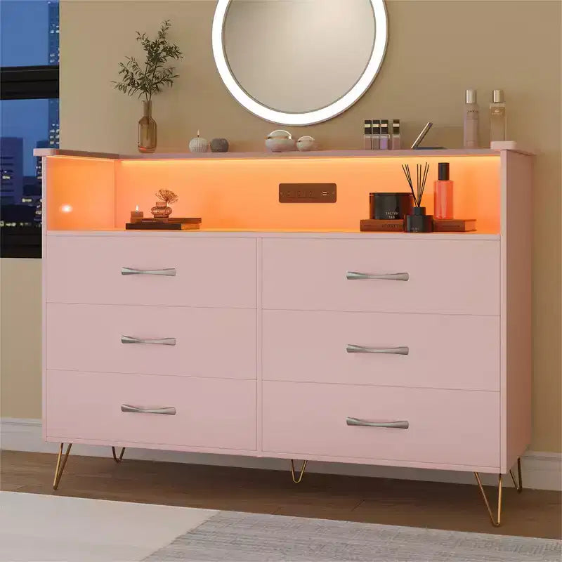 Commode de chambre avec lumières LED, commode 6 tiroirs avec station de charge, commode de rangement en bois pour entrée