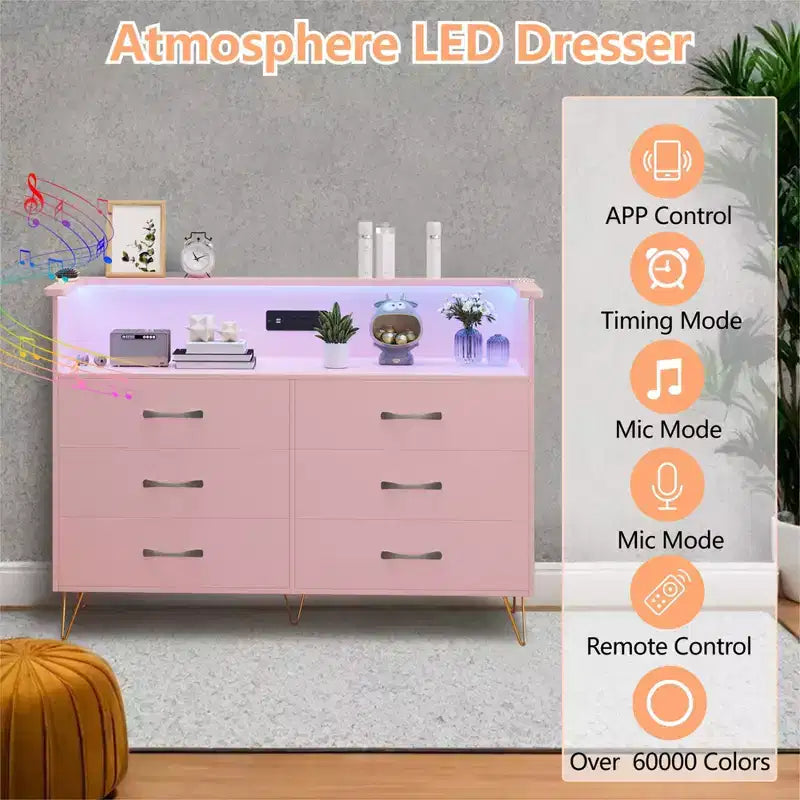 Commode de chambre avec lumières LED, commode 6 tiroirs avec station de charge, commode de rangement en bois pour entrée
