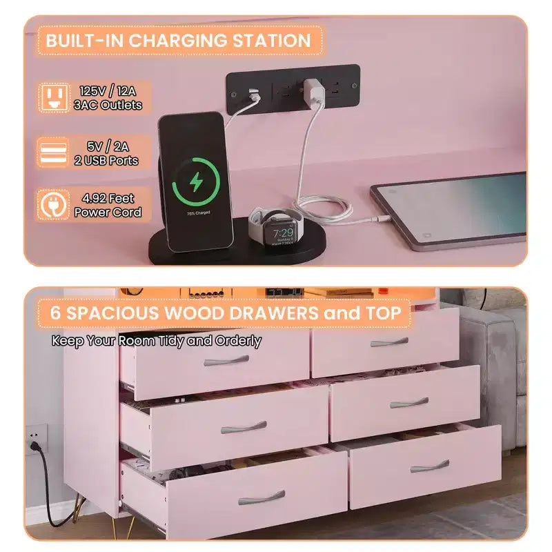 Commode de chambre avec lumières LED, commode 6 tiroirs avec station de charge, commode de rangement en bois pour entrée