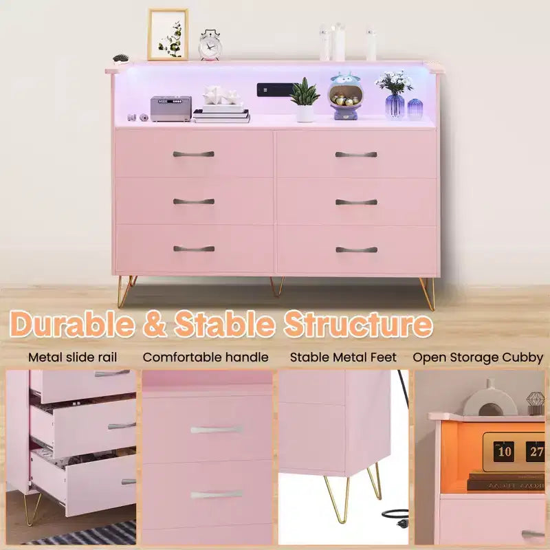 Commode de chambre avec lumières LED, commode 6 tiroirs avec station de charge, commode de rangement en bois pour entrée