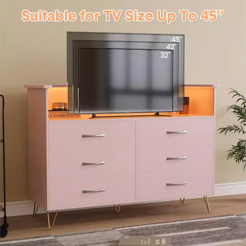 Commode de chambre avec lumières LED, commode 6 tiroirs avec station de charge, commode de rangement en bois pour entrée