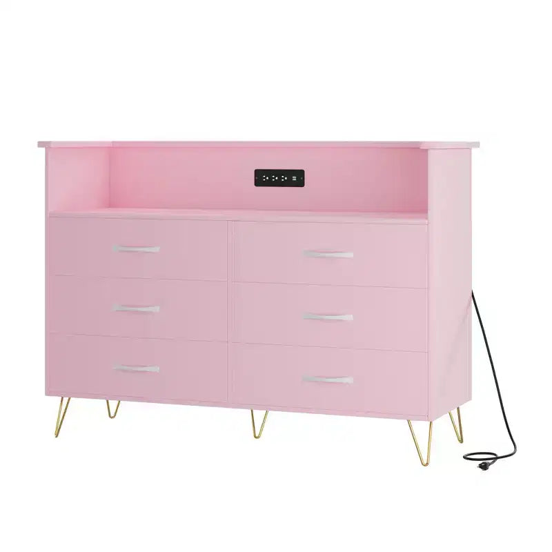 Commode de chambre avec lumières LED, commode 6 tiroirs avec station de charge, commode de rangement en bois pour entrée