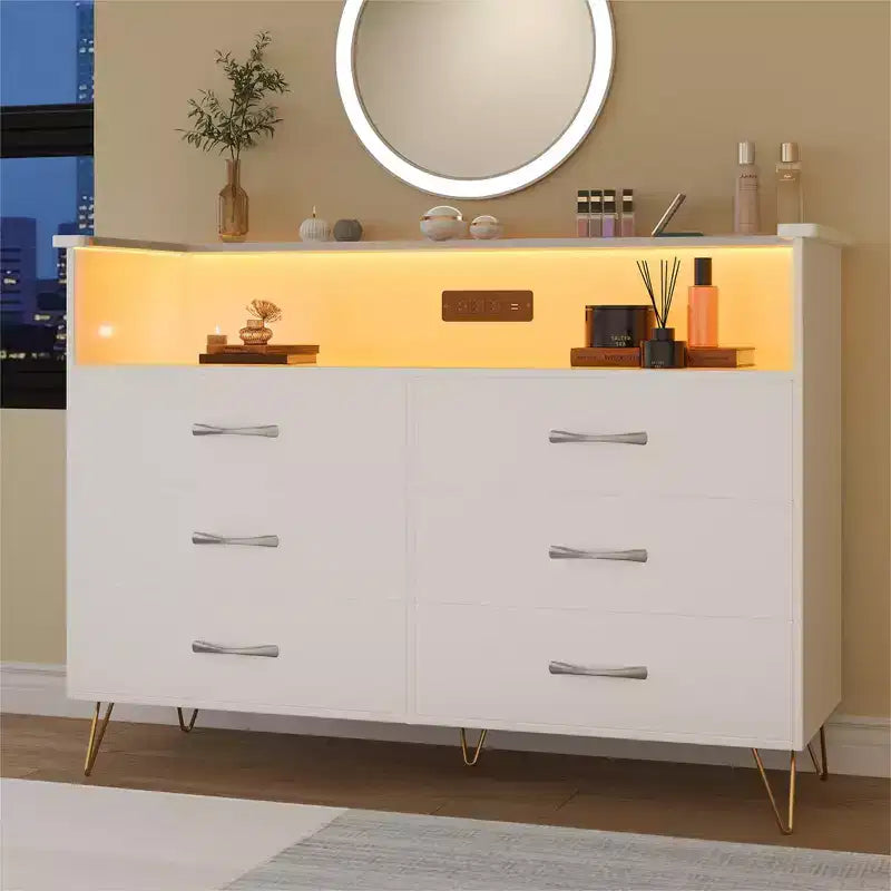 Commode de chambre avec lumières LED, commode 6 tiroirs avec station de charge, commode de rangement en bois pour entrée
