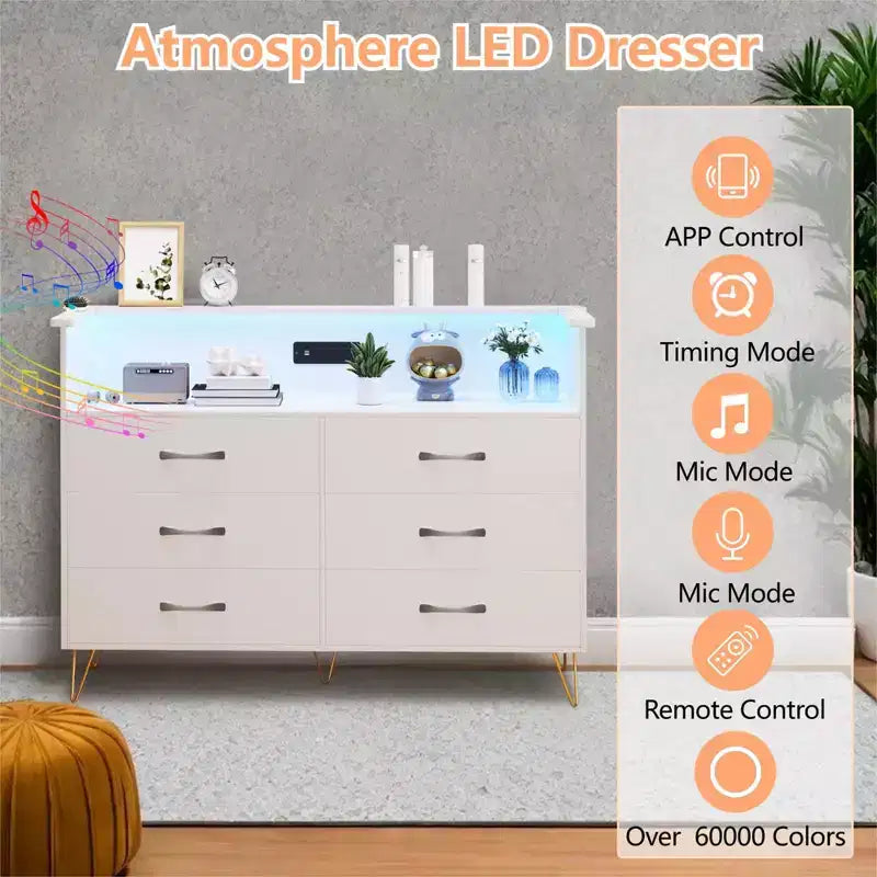 Commode de chambre avec lumières LED, commode 6 tiroirs avec station de charge, commode de rangement en bois pour entrée