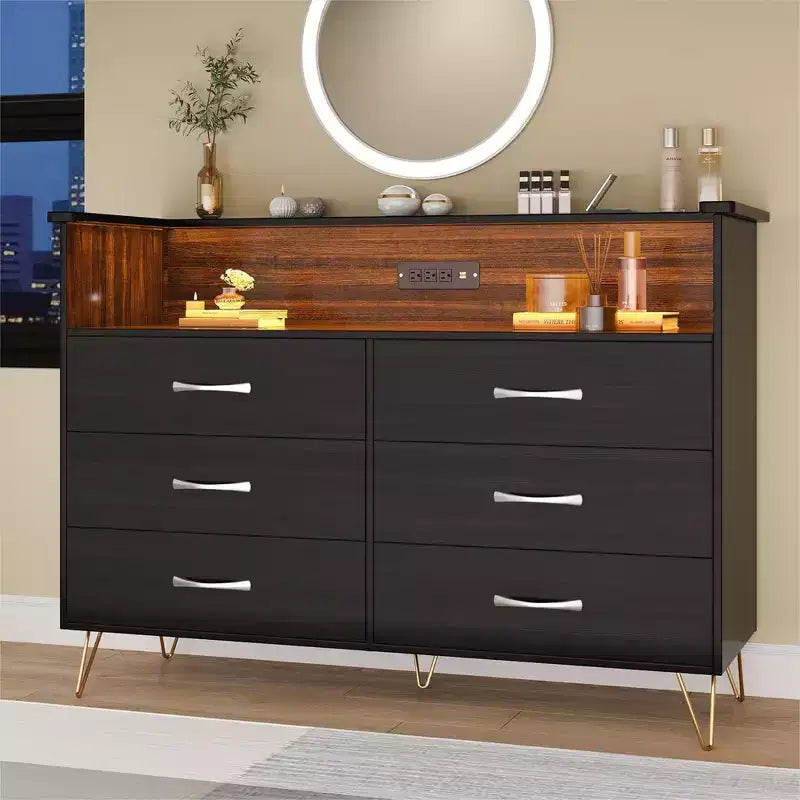 Commode de chambre avec lumières LED, commode 6 tiroirs avec station de charge, commode de rangement en bois pour entrée