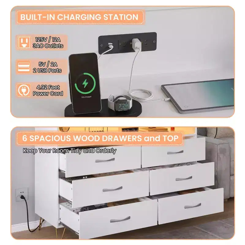 Commode de chambre avec lumières LED, commode 6 tiroirs avec station de charge, commode de rangement en bois pour entrée