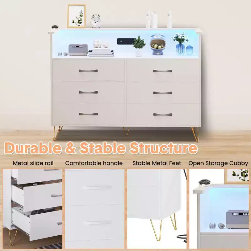 Commode de chambre avec lumières LED, commode 6 tiroirs avec station de charge, commode de rangement en bois pour entrée