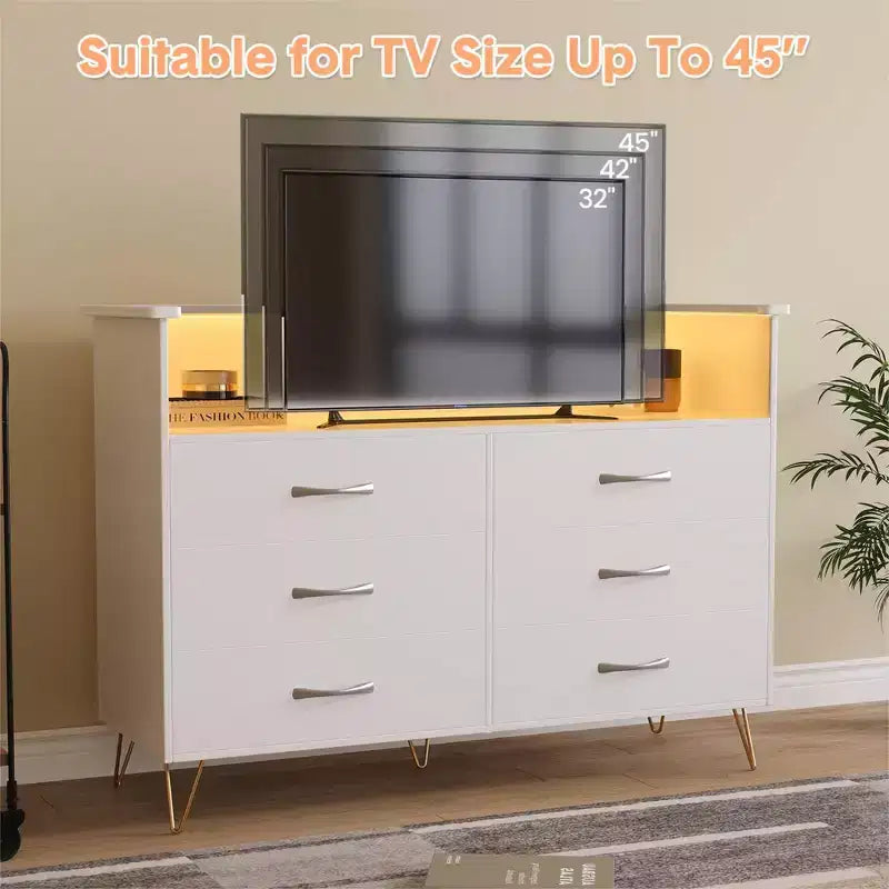 Commode de chambre avec lumières LED, commode 6 tiroirs avec station de charge, commode de rangement en bois pour entrée