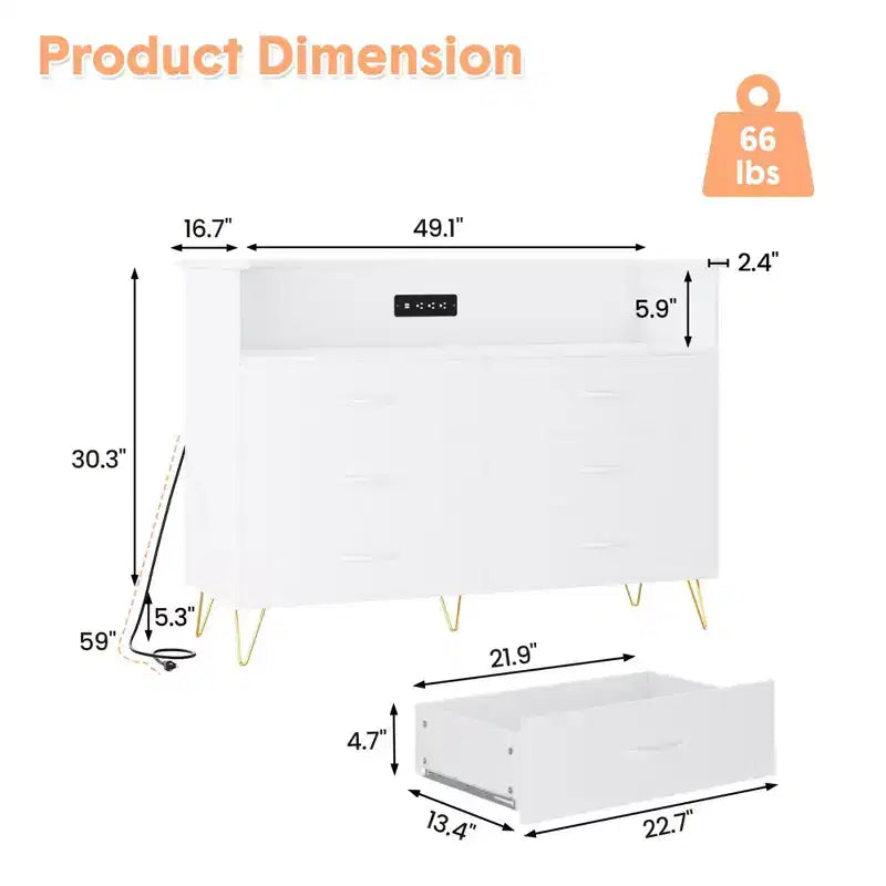 Commode de chambre avec lumières LED, commode 6 tiroirs avec station de charge, commode de rangement en bois pour entrée