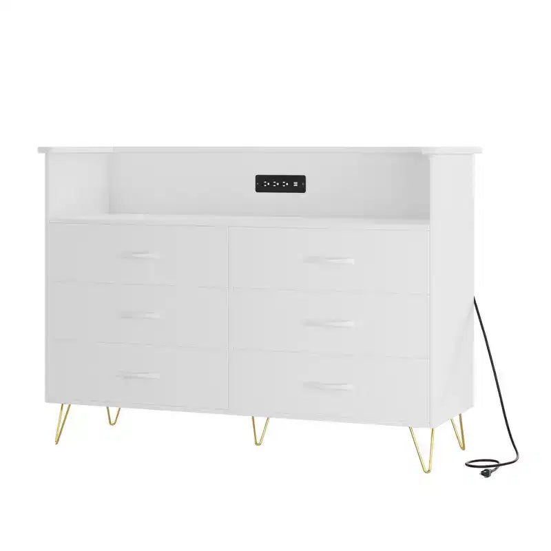 Commode de chambre avec lumières LED, commode 6 tiroirs avec station de charge, commode de rangement en bois pour entrée