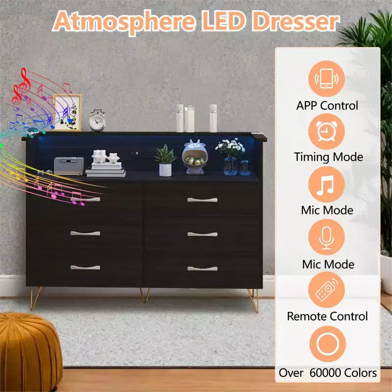 Commode de chambre avec lumières LED, commode 6 tiroirs avec station de charge, commode de rangement en bois pour entrée