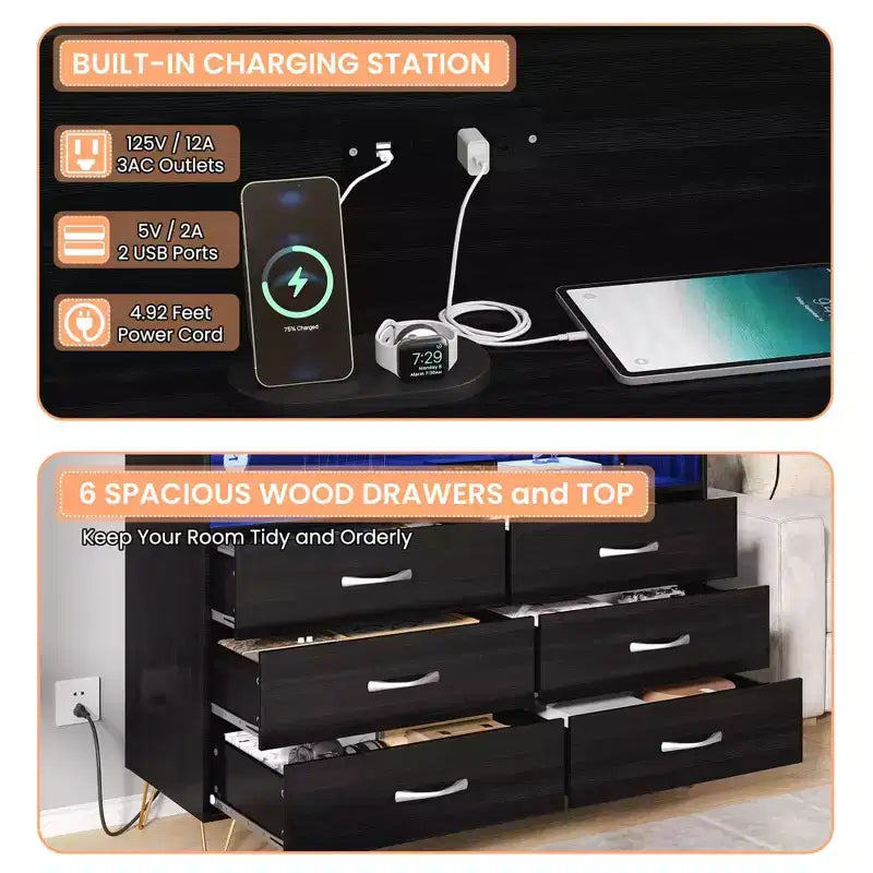 Commode de chambre avec lumières LED, commode 6 tiroirs avec station de charge, commode de rangement en bois pour entrée
