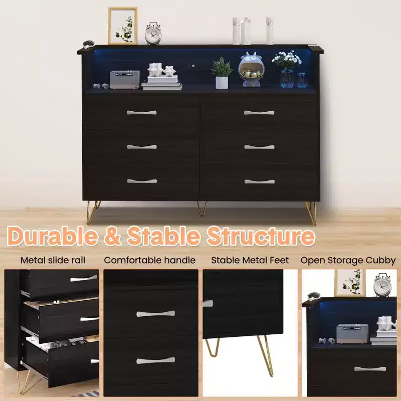 Commode de chambre avec lumières LED, commode 6 tiroirs avec station de charge, commode de rangement en bois pour entrée