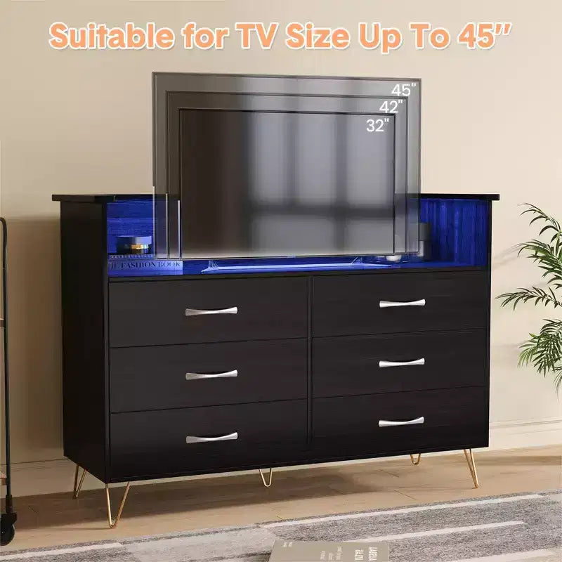 Commode de chambre avec lumières LED, commode 6 tiroirs avec station de charge, commode de rangement en bois pour entrée