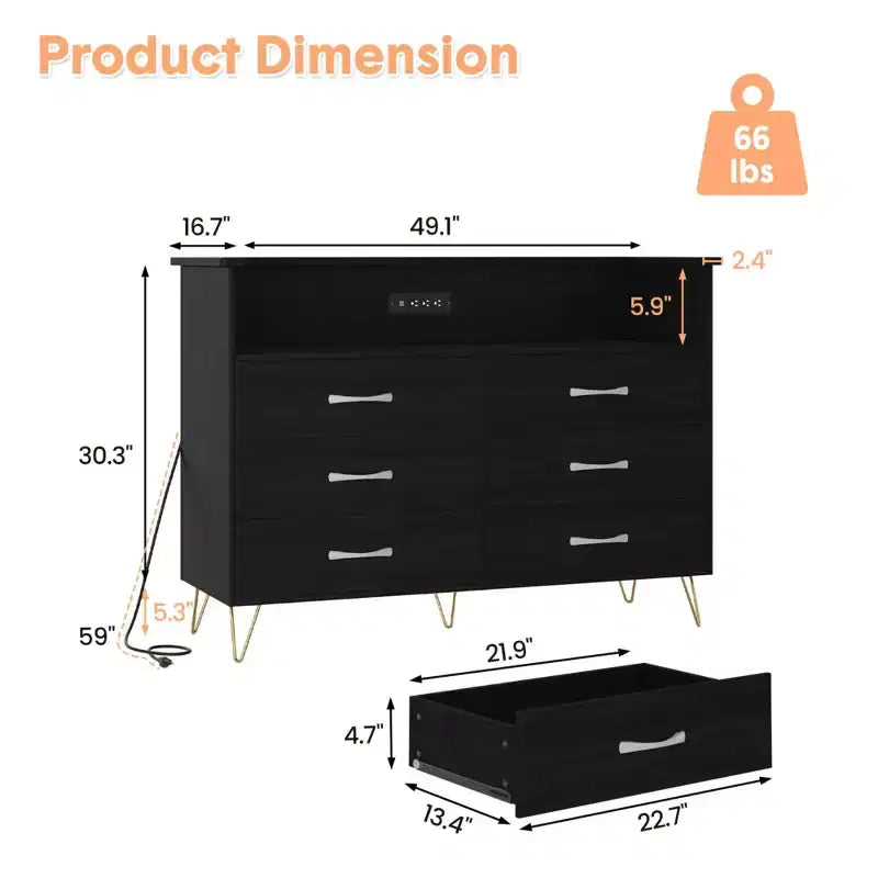 Commode de chambre avec lumières LED, commode 6 tiroirs avec station de charge, commode de rangement en bois pour entrée