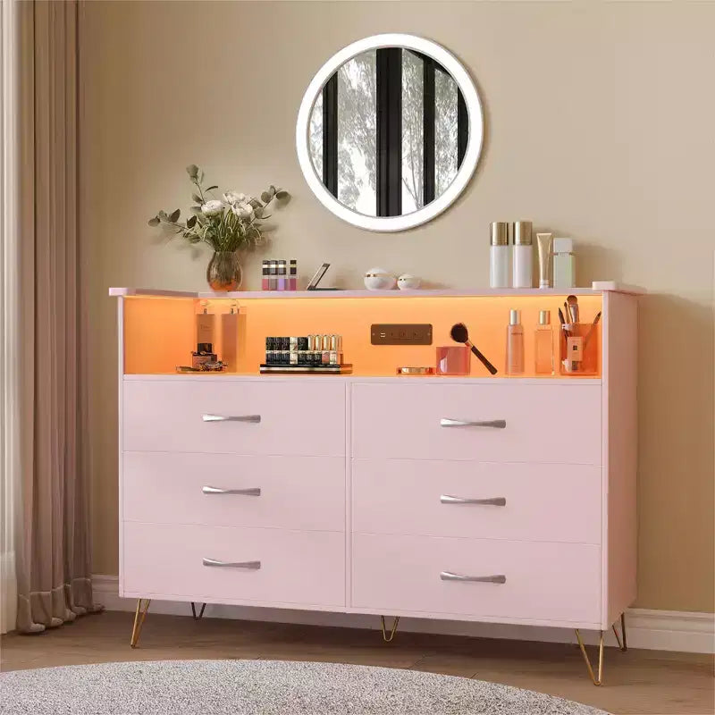 Commode de chambre avec lumières LED, commode 6 tiroirs avec station de charge, commode de rangement en bois pour entrée