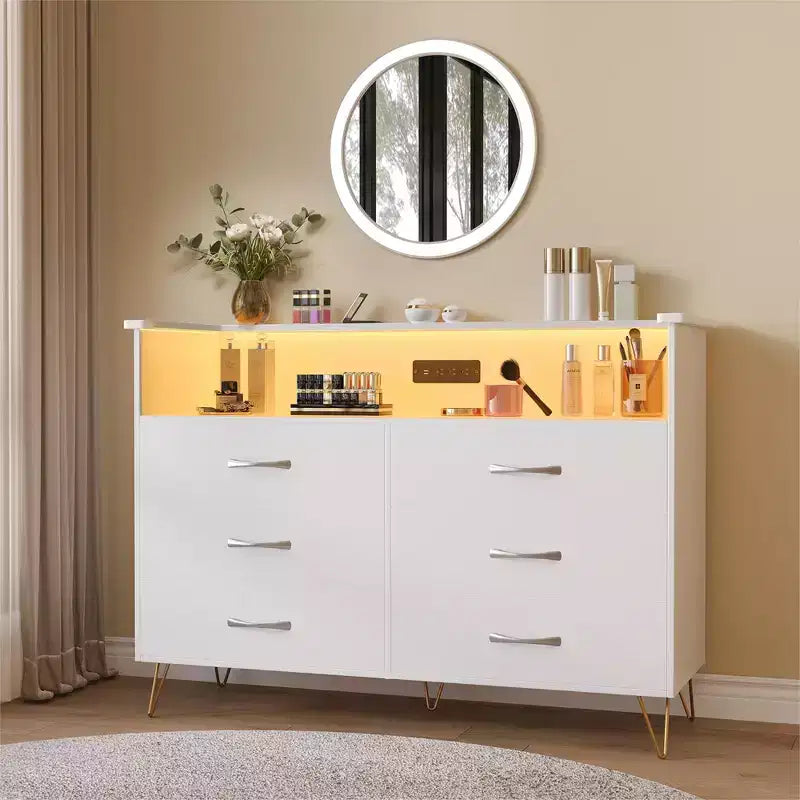 Commode de chambre avec lumières LED, commode 6 tiroirs avec station de charge, commode de rangement en bois pour entrée