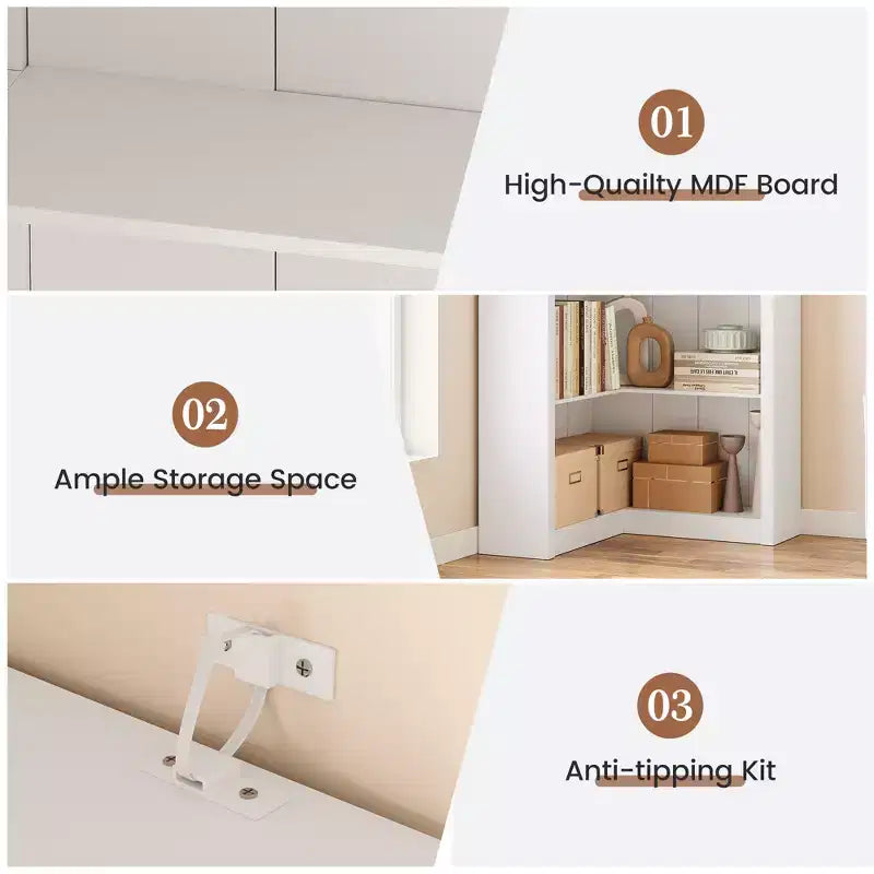 Étagère d'angle haute, Bibliothèque en L à 5 niveaux, Étagères de style ferme avec rangement pour salon et bureau, Blanc