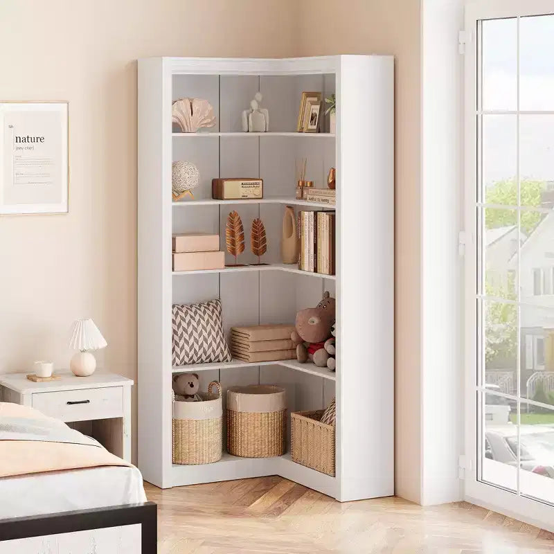 Étagère d'angle haute, Bibliothèque en L à 5 niveaux, Étagères de style ferme avec rangement pour salon et bureau, Blanc