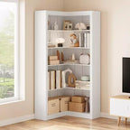 Étagère d'angle haute, Bibliothèque en L à 5 niveaux, Étagères de style ferme avec rangement pour salon et bureau, Blanc