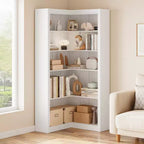 Étagère d'angle haute, Bibliothèque en L à 5 niveaux, Étagères de style ferme avec rangement pour salon et bureau, Blanc