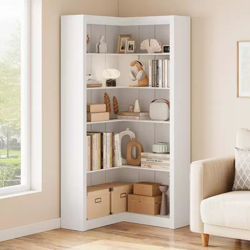 Étagère d'angle haute, Bibliothèque en L à 5 niveaux, Étagères de style ferme avec rangement pour salon et bureau, Blanc