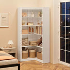 Étagère d'angle haute, Bibliothèque en L à 5 niveaux, Étagères de style ferme avec rangement pour salon et bureau, Blanc