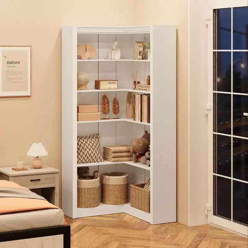 Étagère d'angle haute, Bibliothèque en L à 5 niveaux, Étagères de style ferme avec rangement pour salon et bureau, Blanc