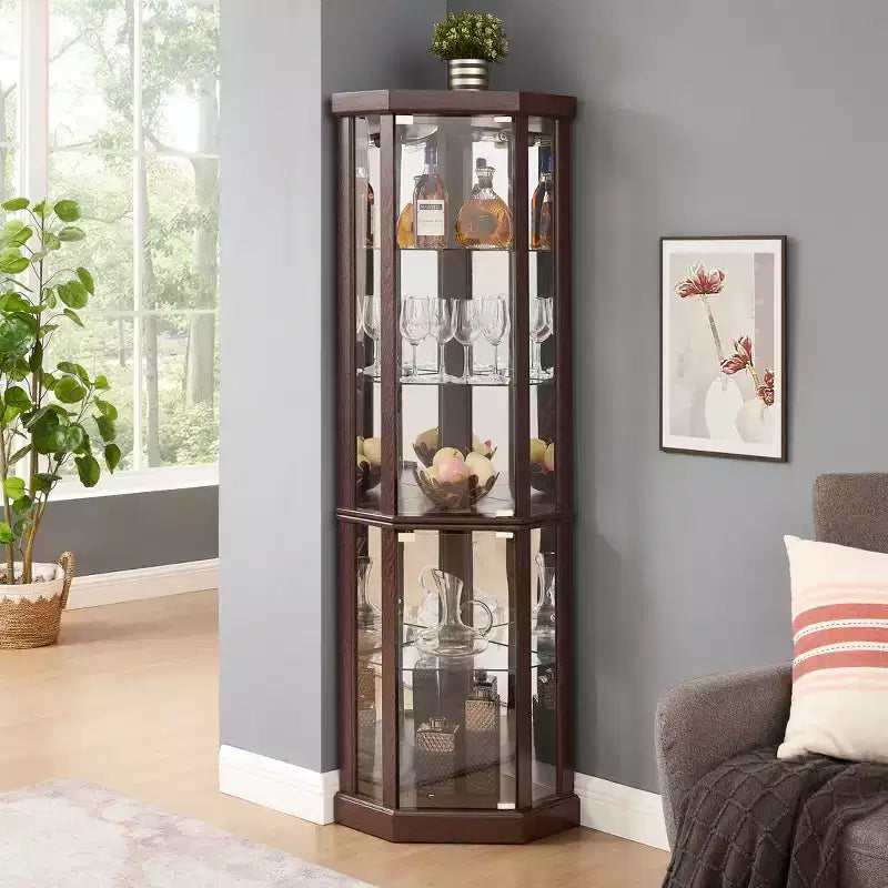 Meuble d'angle avec portes et étagères en verre, Vitrine d'angle pour salon