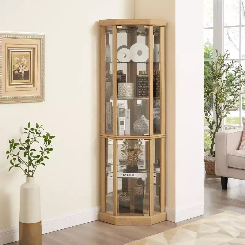Meuble d'angle avec portes et étagères en verre, Vitrine d'angle pour salon