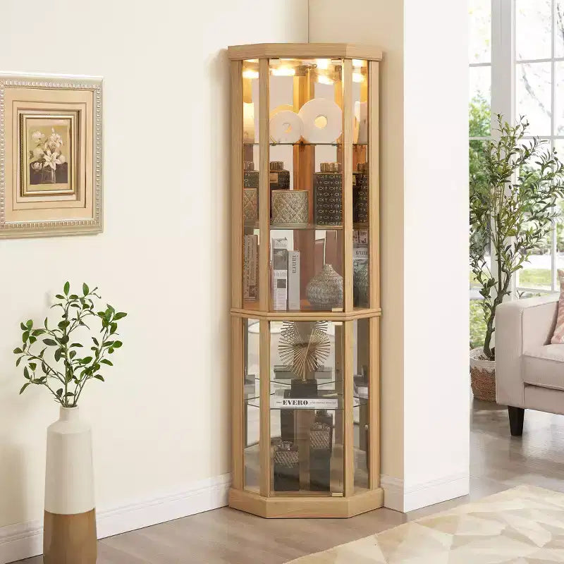 Meuble d'angle avec portes et étagères en verre, Vitrine d'angle pour salon