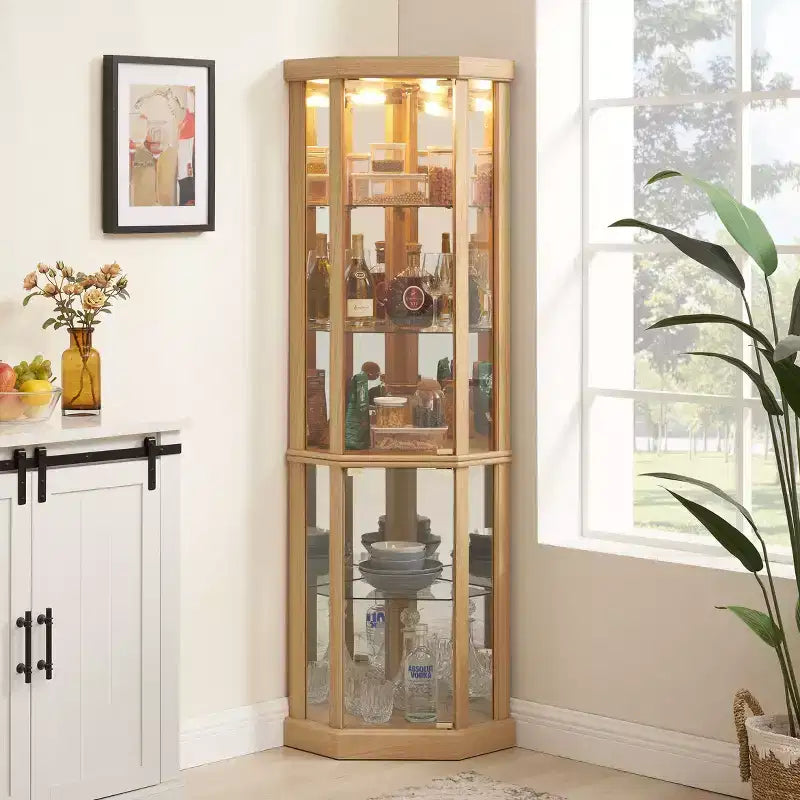 Meuble d'angle avec portes et étagères en verre, Vitrine d'angle pour salon