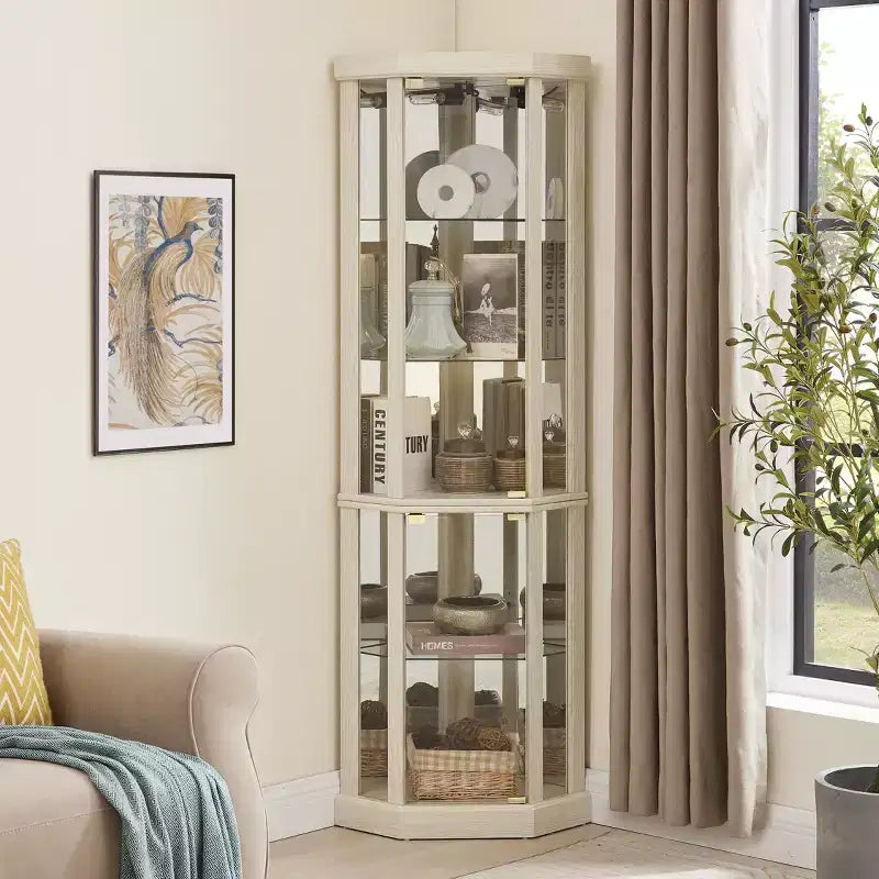 Meuble d'angle avec portes et étagères en verre, Vitrine d'angle pour salon