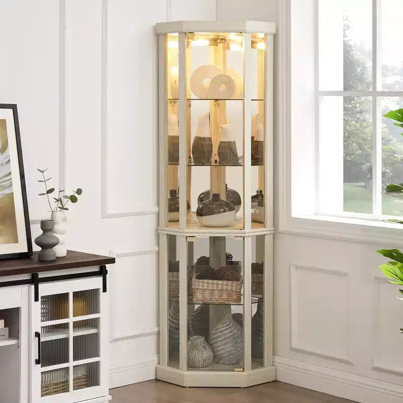Meuble d'angle avec portes et étagères en verre, Vitrine d'angle pour salon