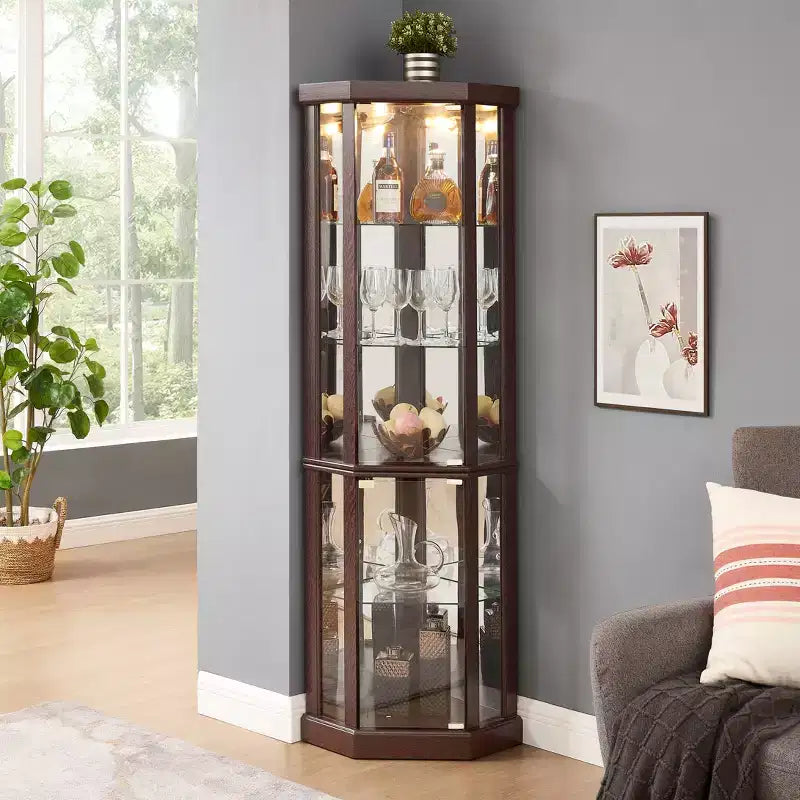 Meuble d'angle avec portes et étagères en verre, Vitrine d'angle pour salon