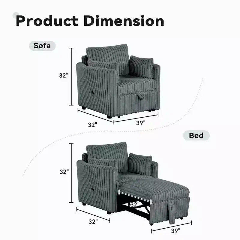 Chaise longue convertible avec port USB et 2 oreillers, canapé-lit simple gigogne
