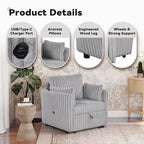Chaise longue convertible avec port USB et 2 oreillers, canapé-lit simple gigogne