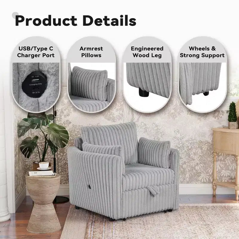 Chaise longue convertible avec port USB et 2 oreillers, canapé-lit simple gigogne