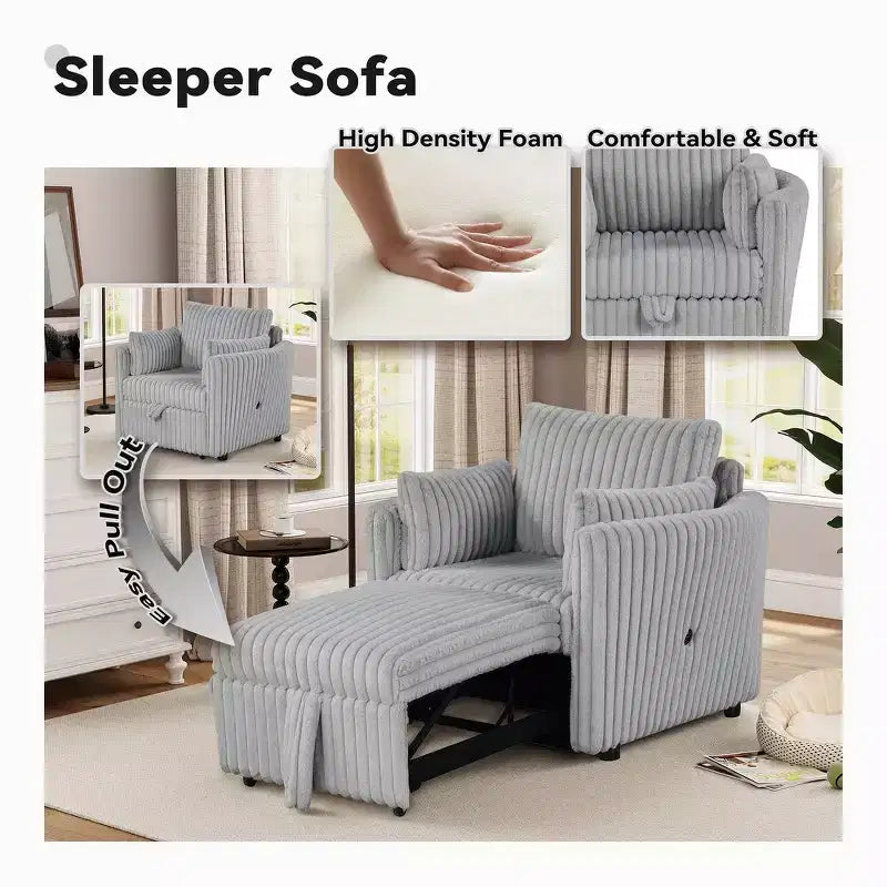 Chaise longue convertible avec port USB et 2 oreillers, canapé-lit simple gigogne