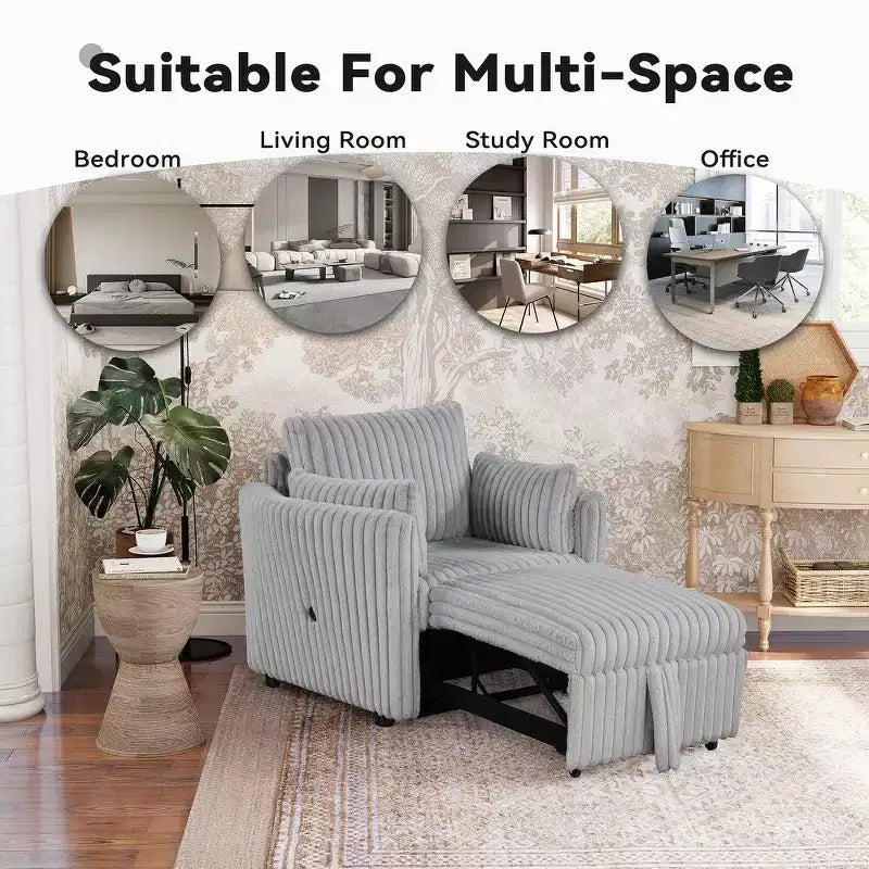Chaise longue convertible avec port USB et 2 oreillers, canapé-lit simple gigogne