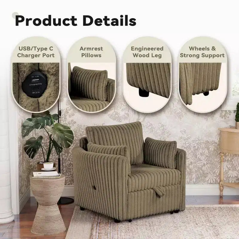 Chaise longue convertible avec port USB et 2 oreillers, canapé-lit simple gigogne